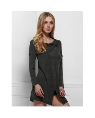 Solid Color Cowl Neck Slit Asymmetric Pullover Sweater