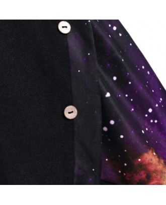 Galaxy Print Panel Mock Button Sweater