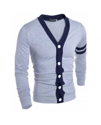 V-Neck Color Block Stripes Purfled Design Long Sleeves Cotton Blend Cardigan
