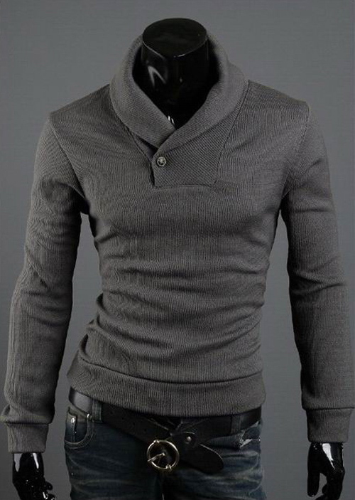 Korean Style Turndown Collar Button Embellished Long Sleeves Men's Cotton Blend Sweater