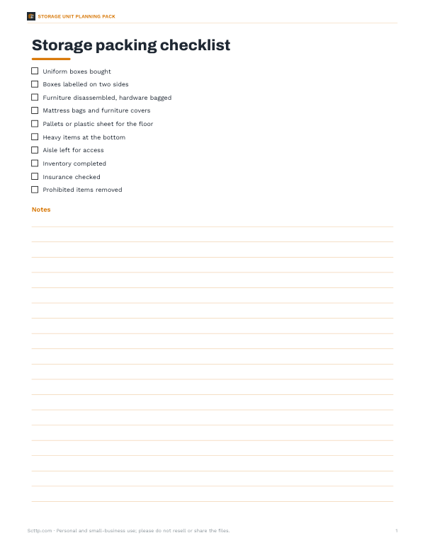 Preview of Printable Storage Packing Checklist
